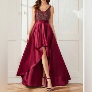 Showstopper Red sparkle Hi-Low Peek-A-Boo Skirt Prom Dress Evening Gown